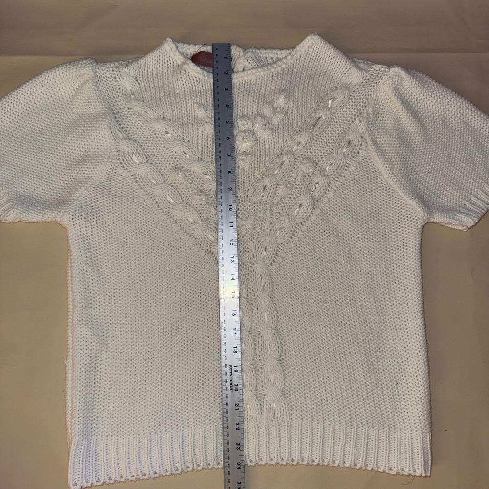 Vintage White Knit Puff Sleeve Knit Sweater Pearl Button Short Sleeve Size M - Picture 8 of 11